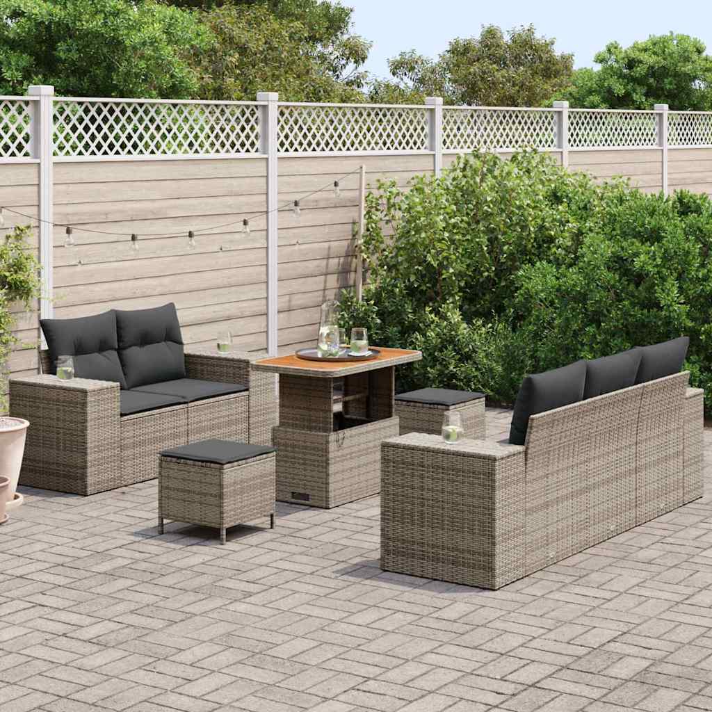 vidaXL 8-delige tuinset met kussens in grijs poly rattan en acacia