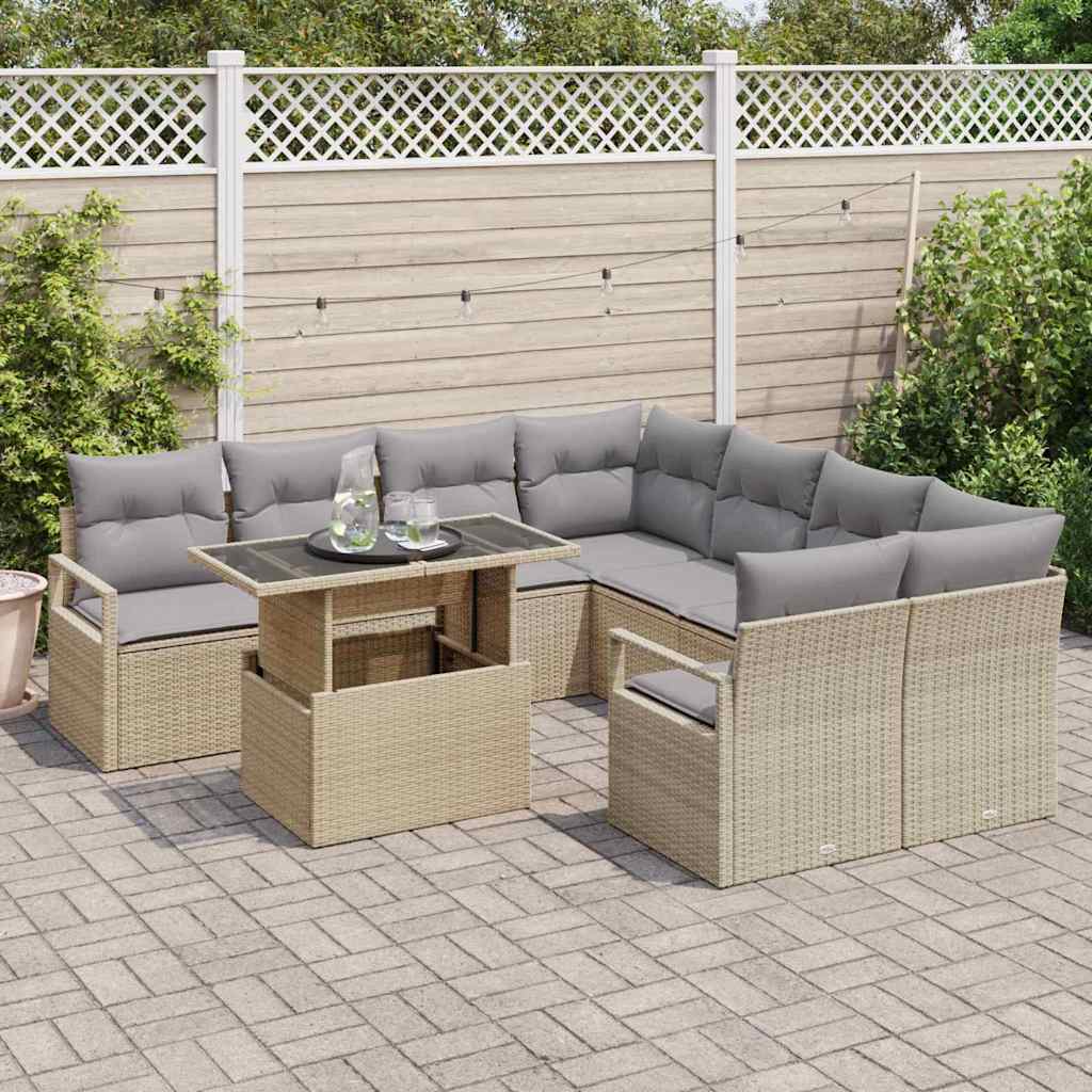 vidaXL 9-delige tuinset met kussens in beige poly rattan