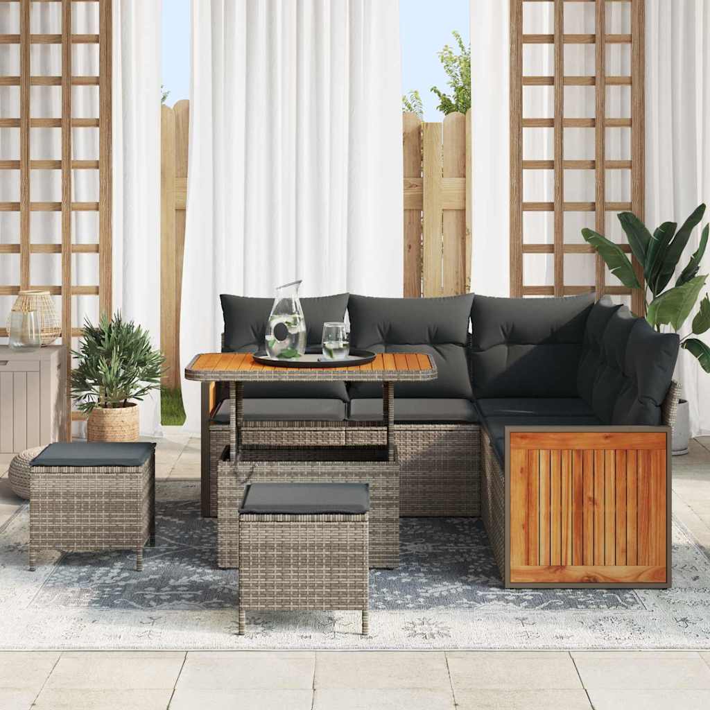 vidaXL 8-delige Tuinbankenset met kussens poly rattan acacia grijs