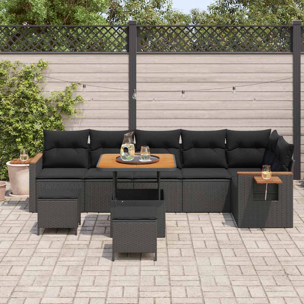 vidaXL 9-delige Tuinbankenset met kussens poly rattan acacia zwart