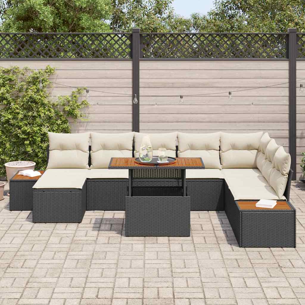 vidaXL 9-delige tuin eetset met kussens, zwart poly riet, acaciahout