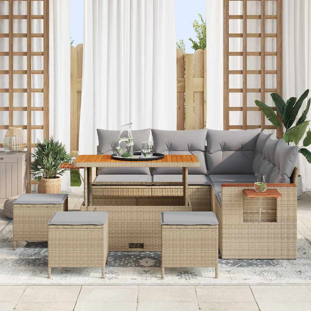 vidaXL 9-delige tuinset met kussens in beige van poly rattan en acacia