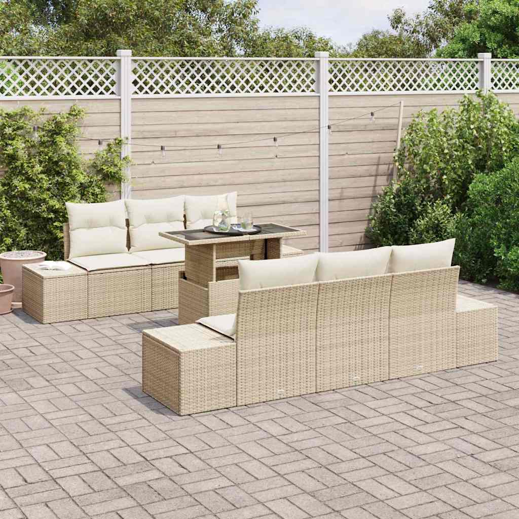 vidaXL 7-delige tuinset met kussens in beige poly riet