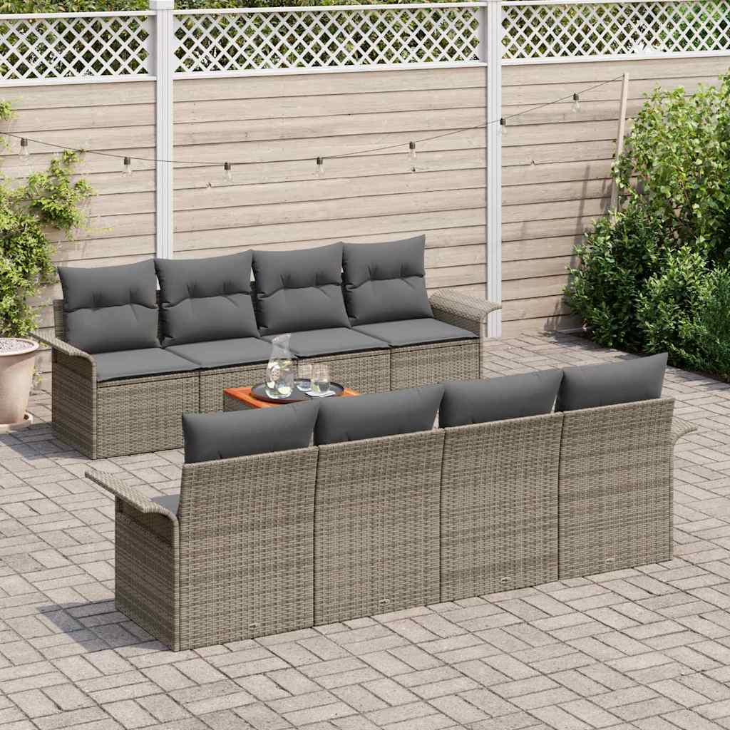 vidaXL 9-delige tuinbankset met kussens in grijs poly rattan en acacia