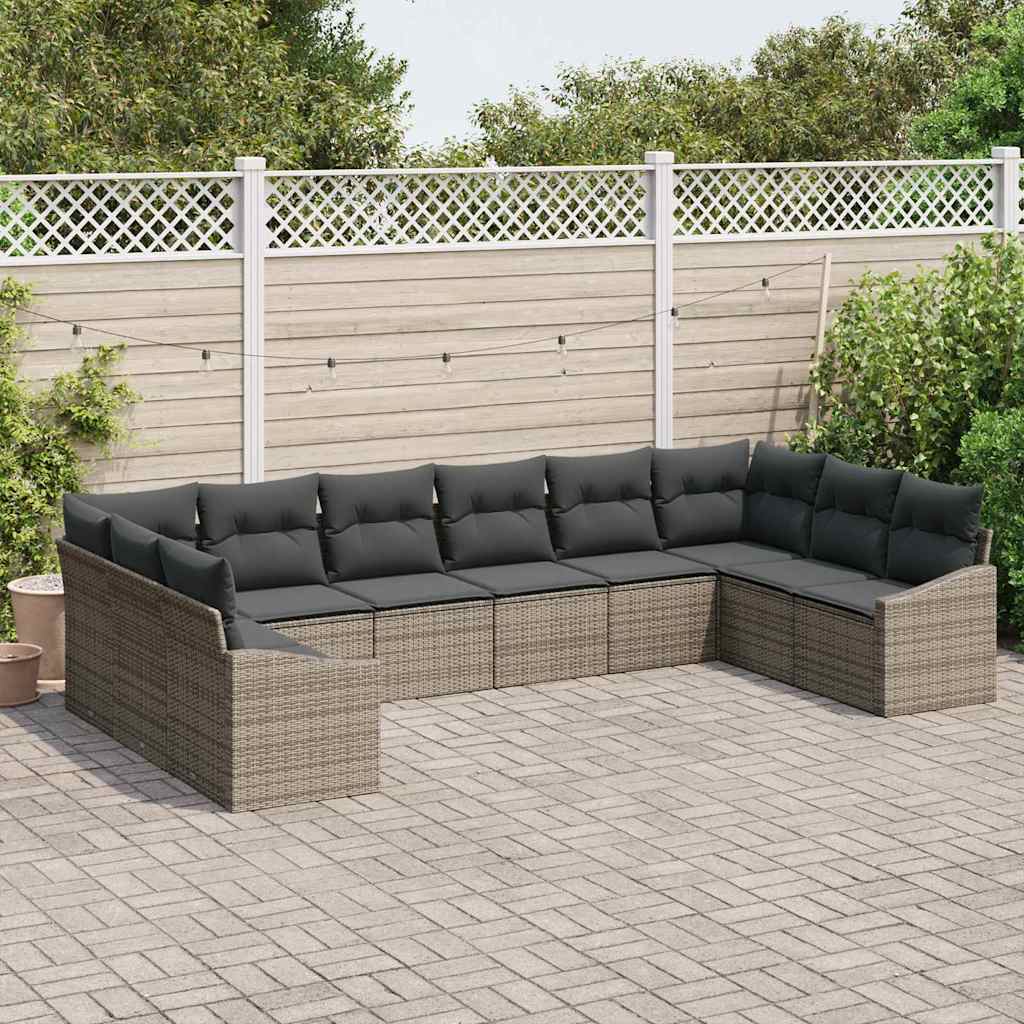 vidaXL 10-delige tuin eetset met kussens in grijs poly rattan