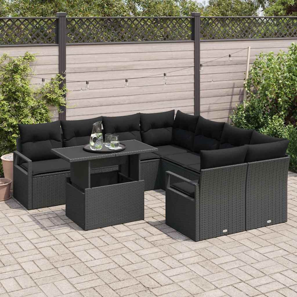 vidaXL 9-delige tuinset met kussens, zwart poly rattan