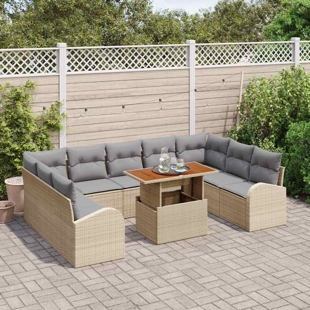 vidaXL 10-delige tuinset met kussens in beige poly rattan en acacia