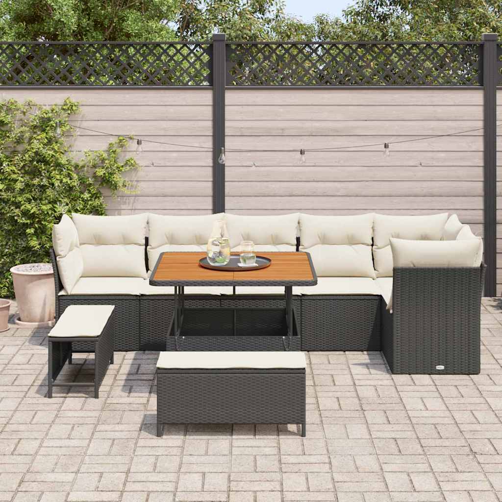 vidaXL 9-delige Tuinbankenset met kussens poly rattan acacia zwart