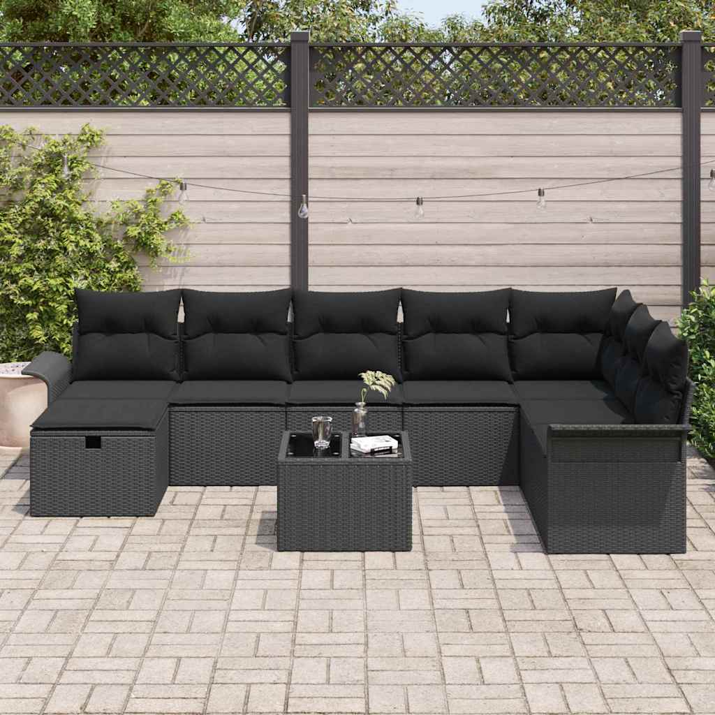 vidaXL 9-delige tuinset met kussens zwart poly rattan