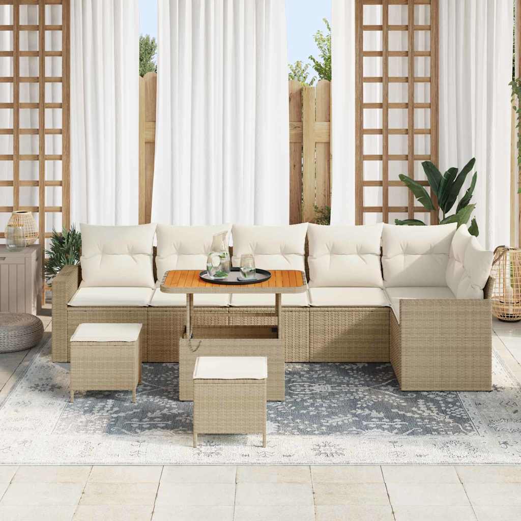 vidaXL 9-delige tuinset met kussens in Beige van Poly Rattan en Acacia