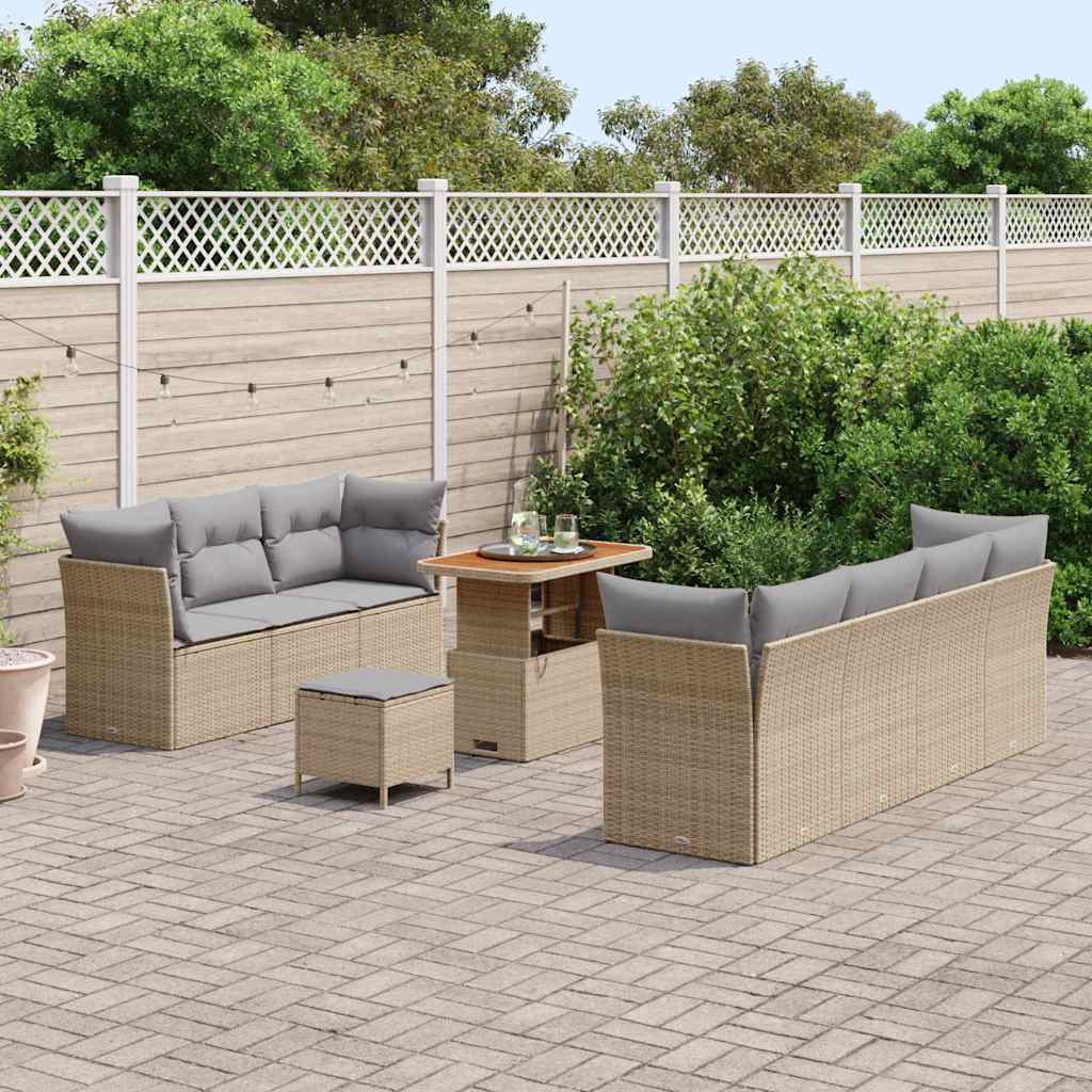 vidaXL 10-delige tuinset met kussens in beige poly rattan en acacia