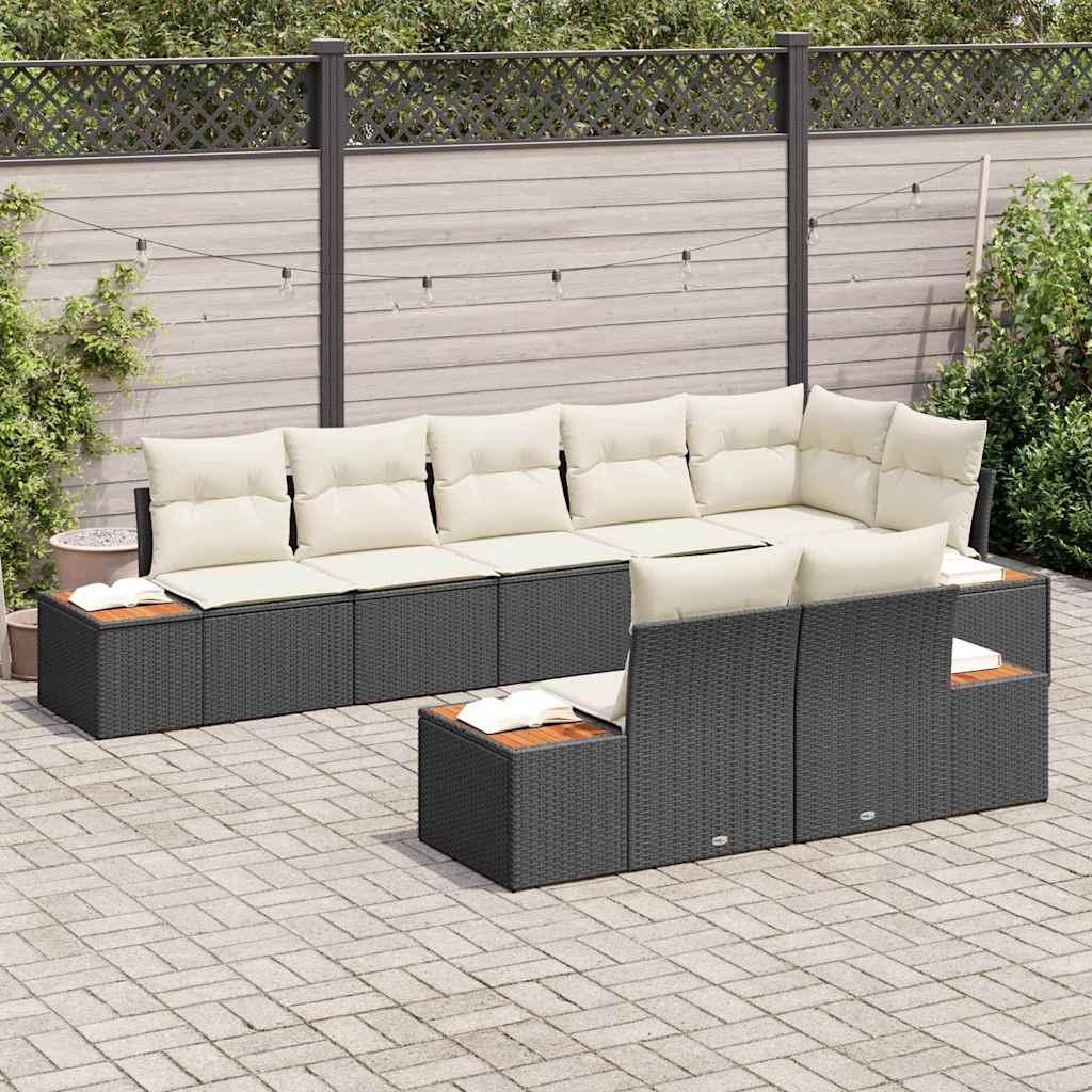 vidaXL 8-delige ligbedden set met kussens in zwart van poly rattan en acacia