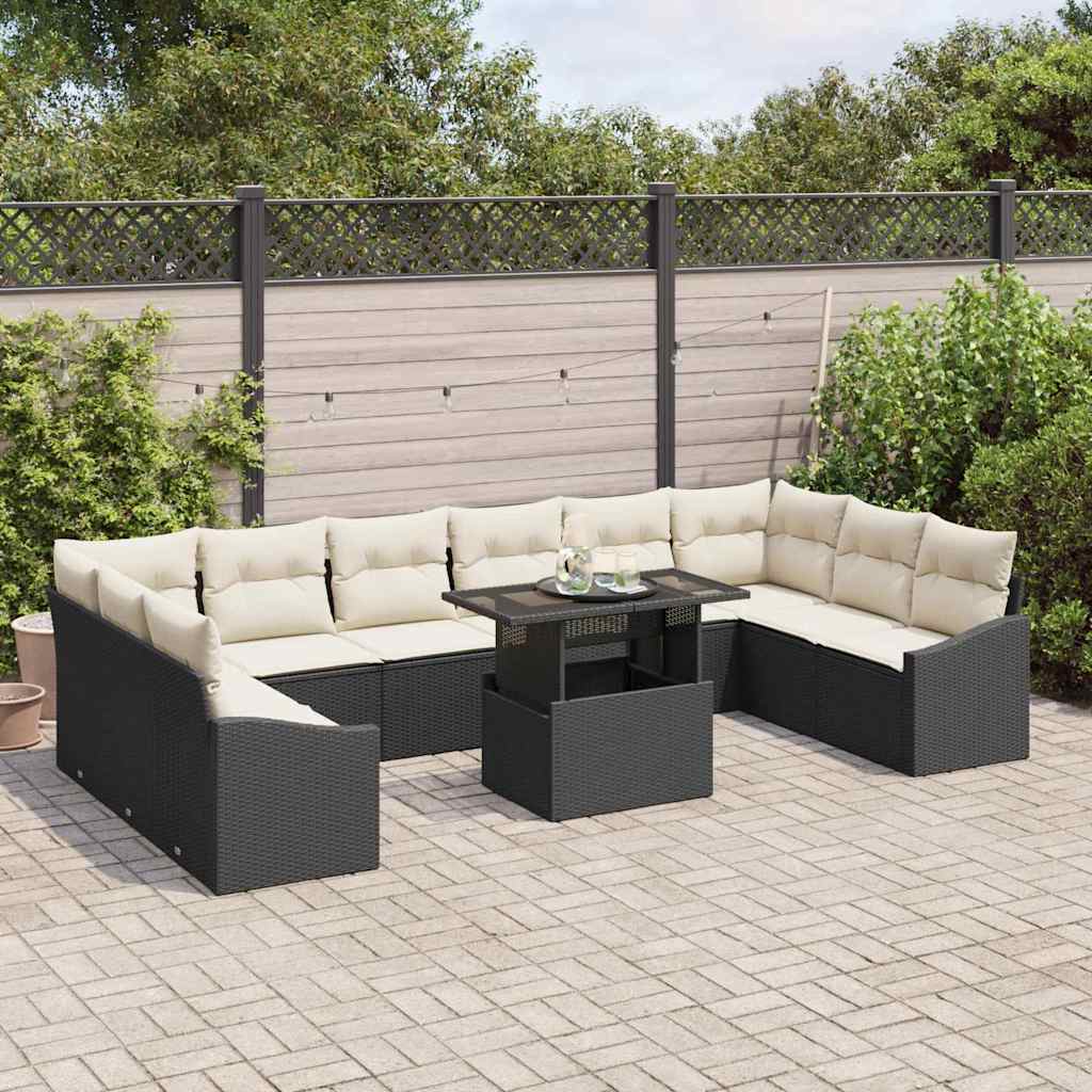 vidaXL 11-delige tuinbankset met kussens in zwart poly riet