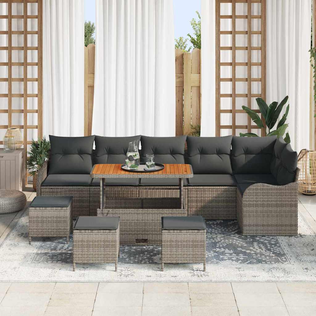 vidaXL 10-delige Tuinbankenset met kussens poly rattan acacia grijs