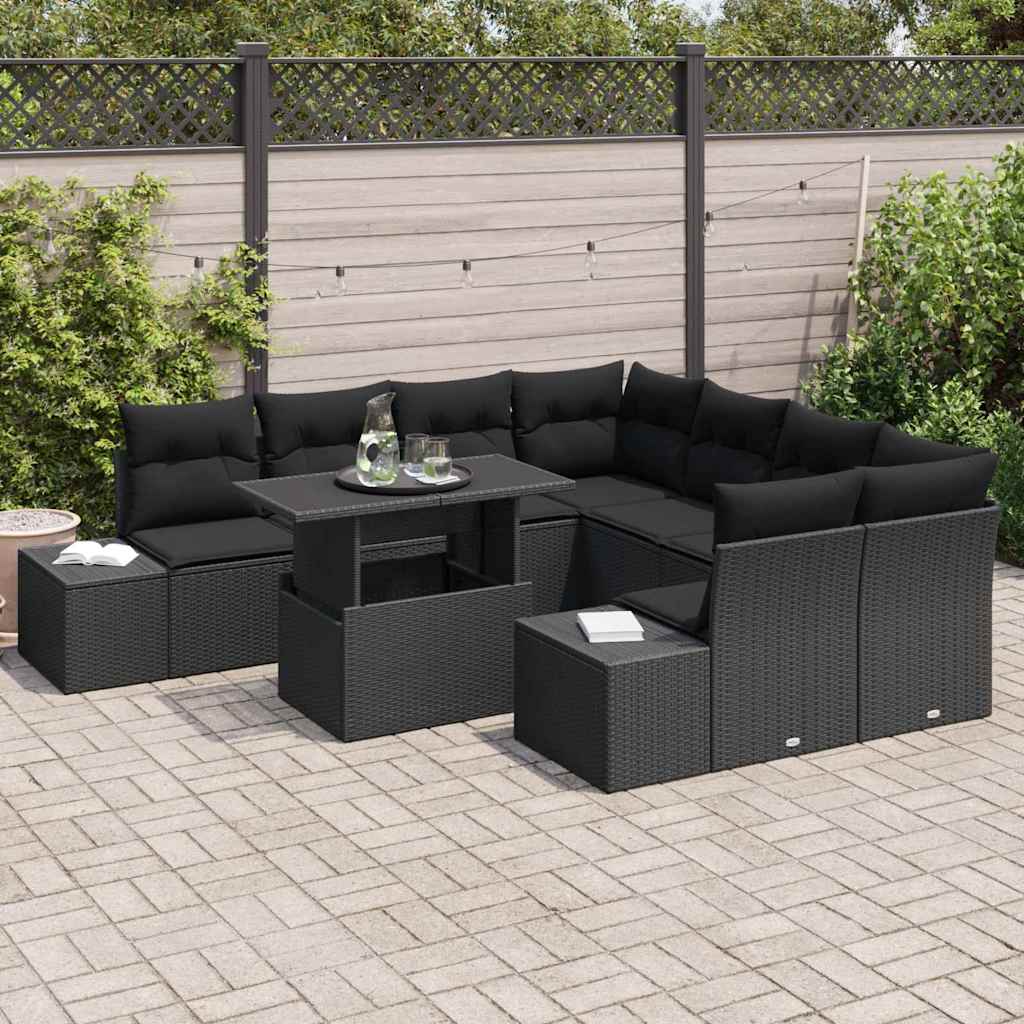 vidaXL 9-delige Tuinbankenset met kussens poly rattan zwart