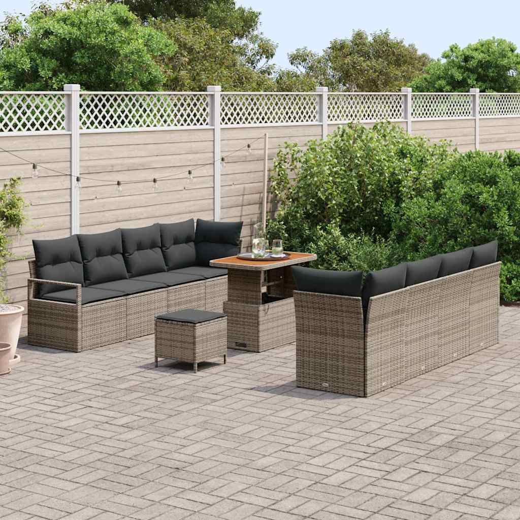 vidaXL 11-delige tuinset met kussens in grijs poly rattan en acacia