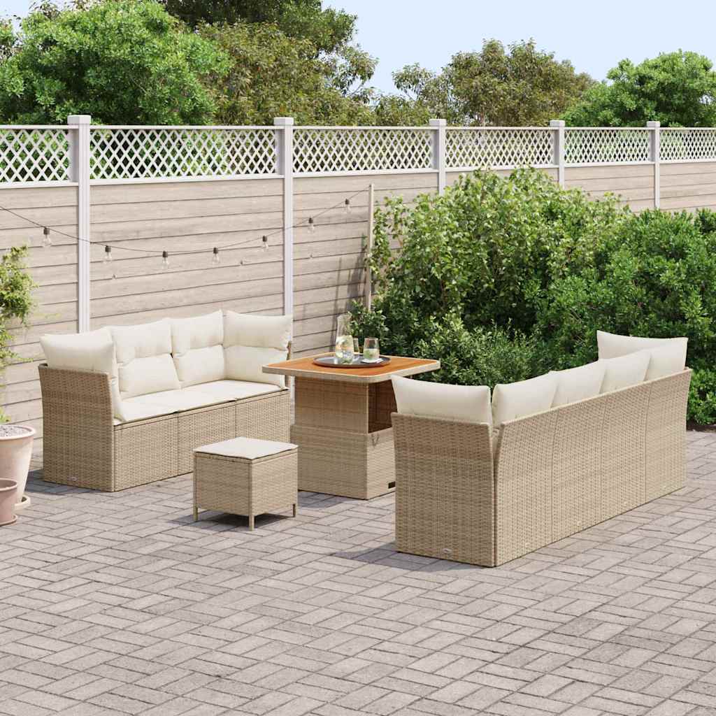 vidaXL 10-delige tuinbankset met kussens in Beige van Poly Rattan en Acacia