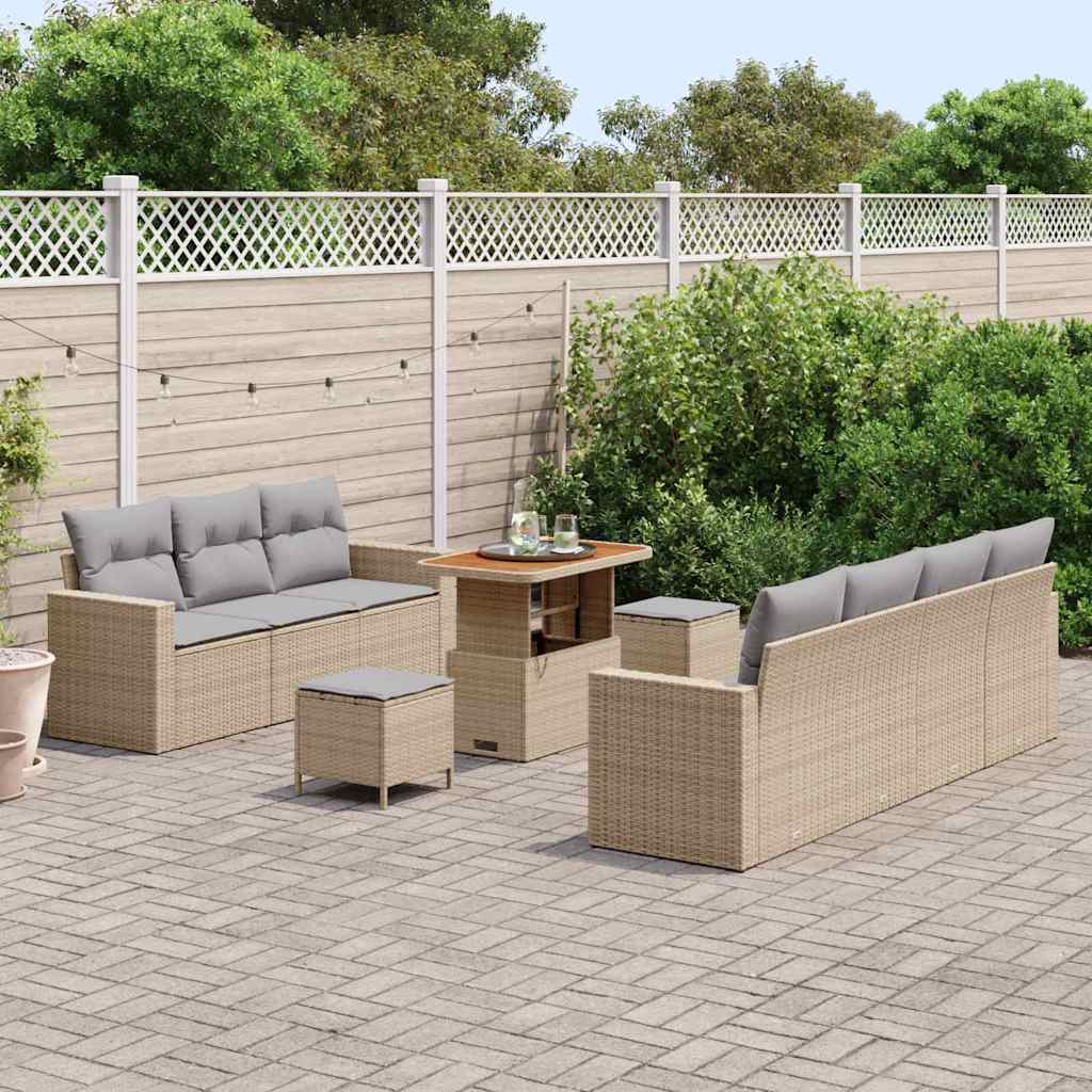 vidaXL 10-delige lounge set met kussens in beige van poly rattan en acacia