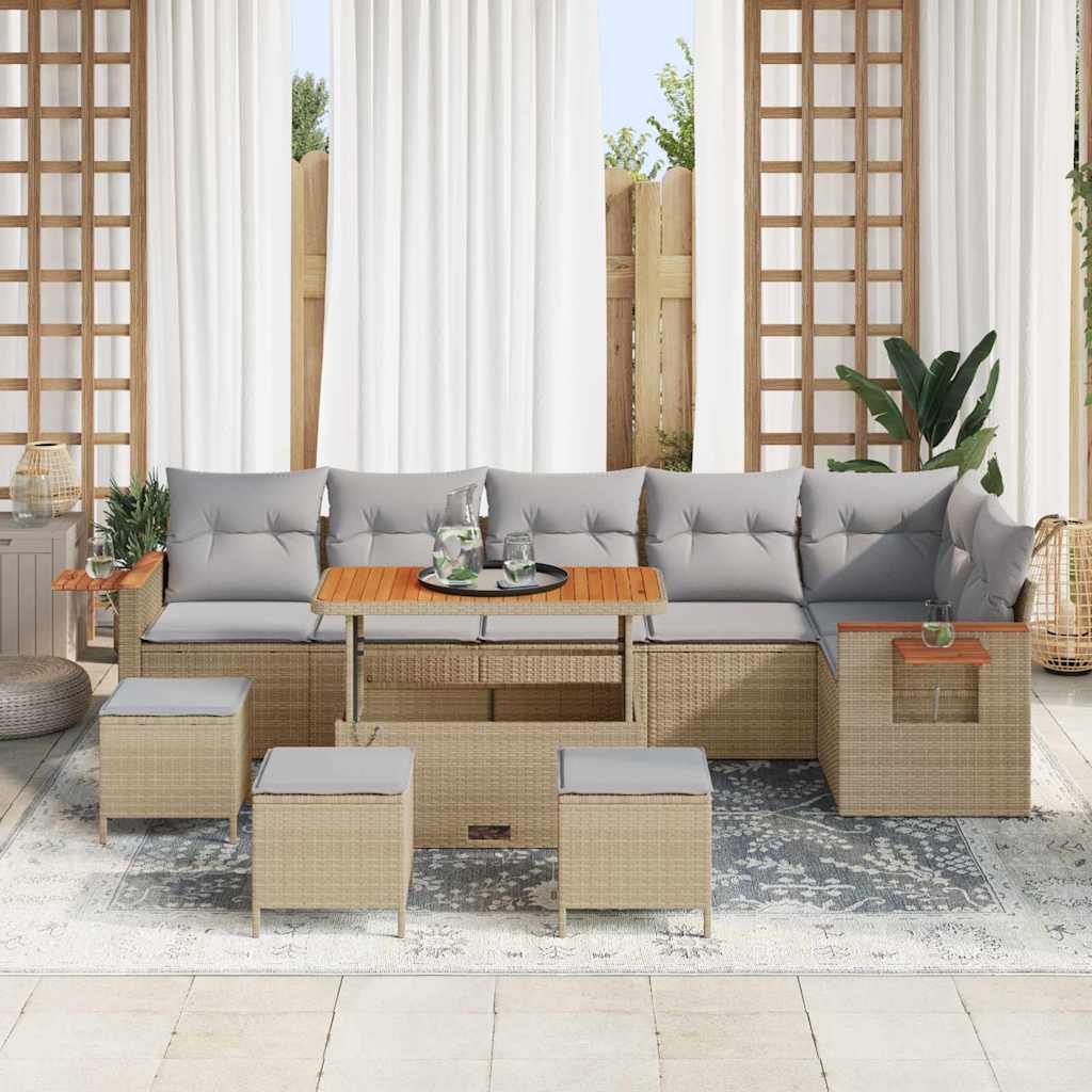 vidaXL 10-delige Tuinbankenset met kussens poly rattan acacia beige