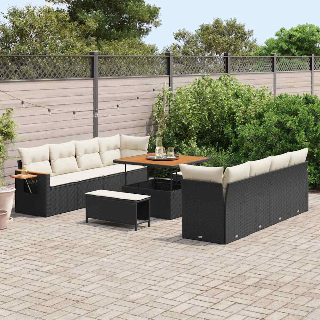 vidaXL 11-delige tuinsofa set met kussens in zwart poly rattan en acacia
