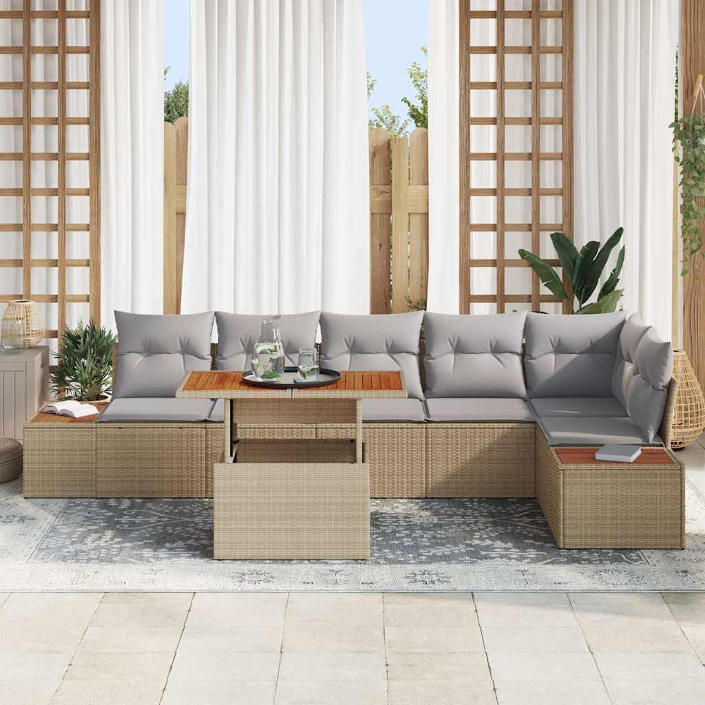 vidaXL 7-delige tuinset met beige poly rattan kussens