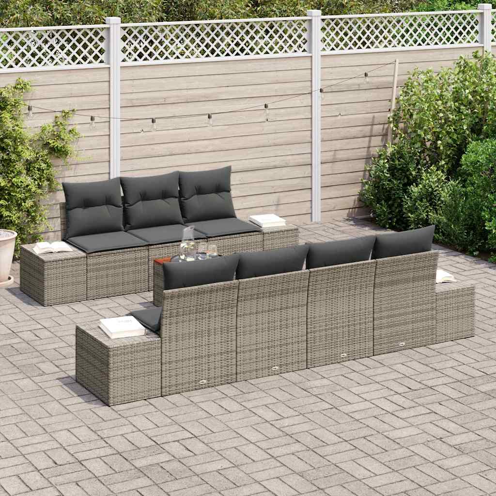vidaXL 8-delige tuinset met kussens in grijs poly riet en acacia