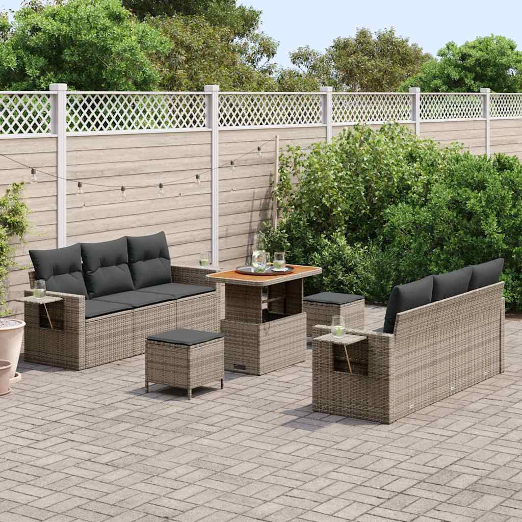 vidaXL 9-delige Tuin Sofa Set met Kussens in Grijs van Poly Rattan en Acacia.