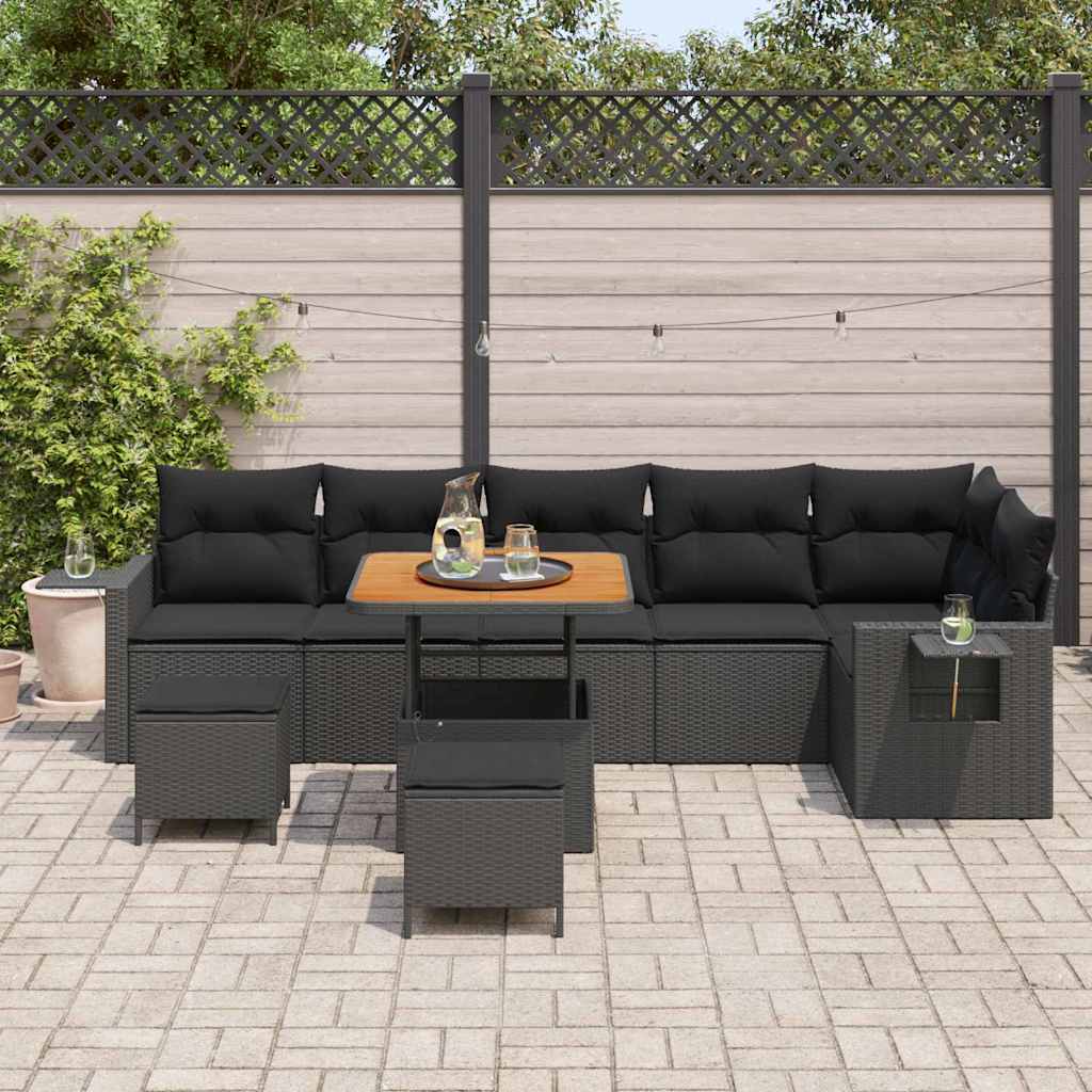 vidaXL 9-delige Tuinbank Set met Kussens Zwart Poly Rattan Acacia