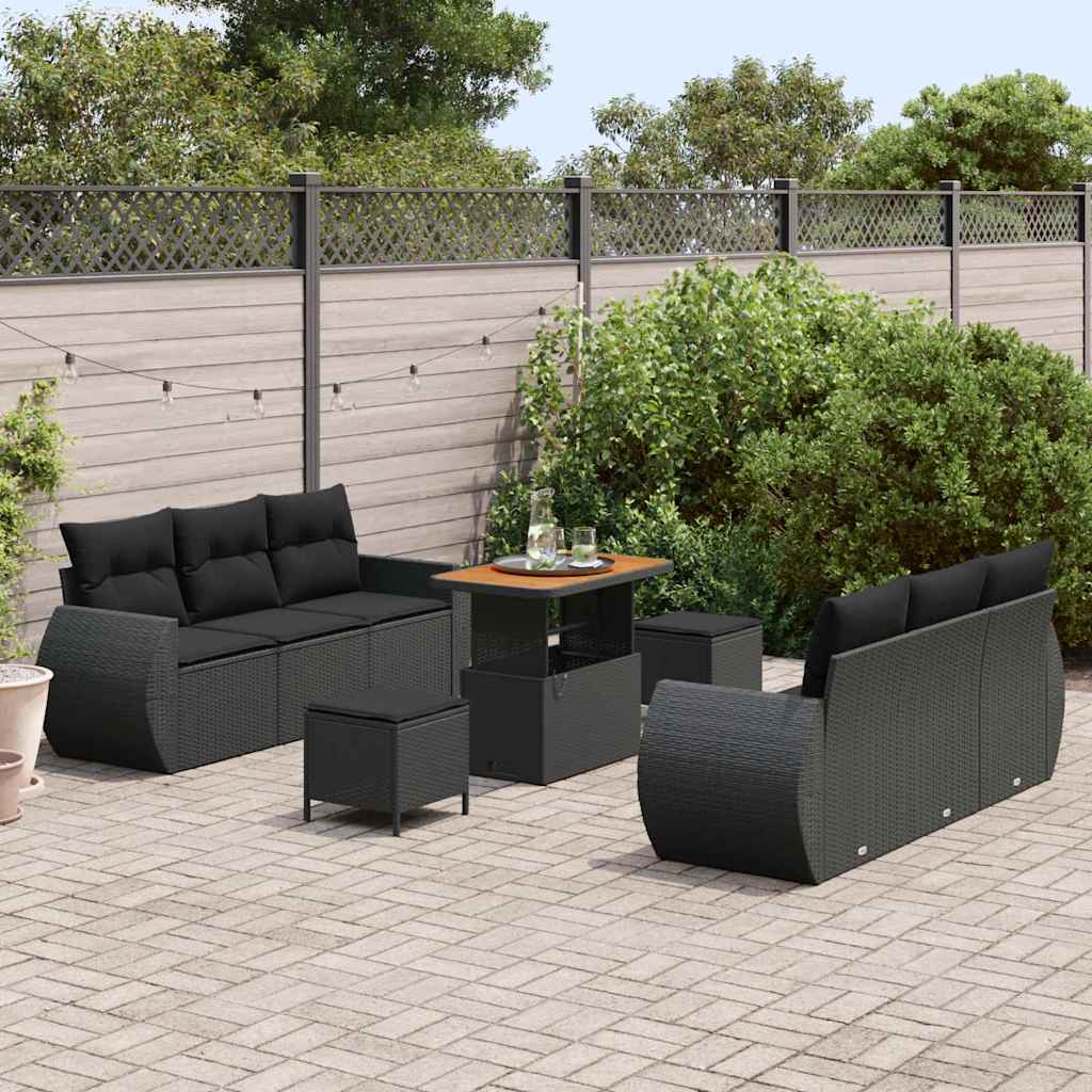vidaXL 9-delige tuinset met kussens, zwart poly riet, acacia
