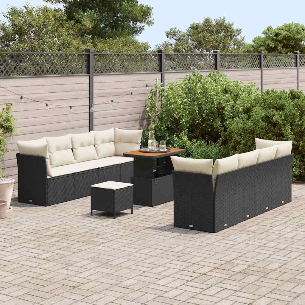 vidaXL 11-delige Tuinbank Set Met Kussens - Zwart Poly Rattan En Acacia