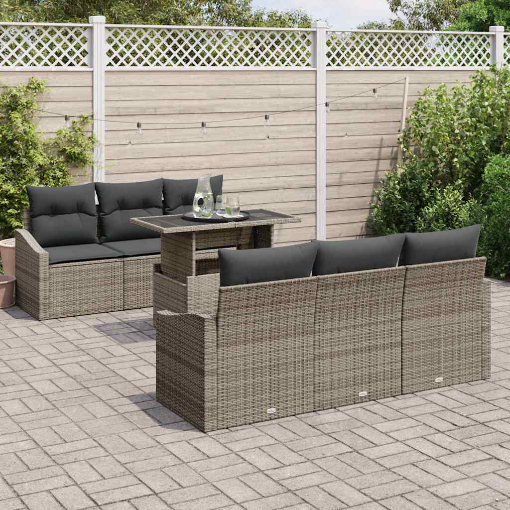 vidaXL 7-delige tuinbankset met kussens - grijs poly rattan