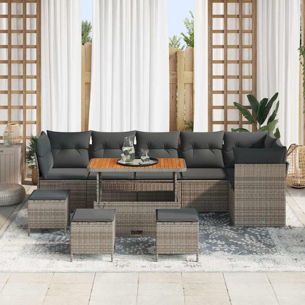 vidaXL 10-delige tuinbankset met kussens in grijs poly rattan en acacia.