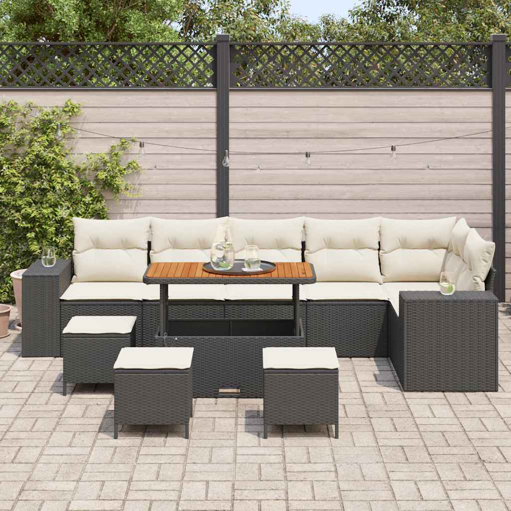 vidaXL 10-delige tuinset met kussens in zwart poly rattan en acacia hout.