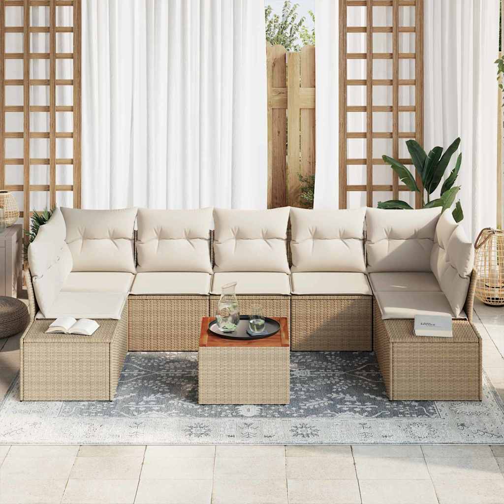 vidaXL 8-delige tuinset met kussens in beige poly rattan en acacia
