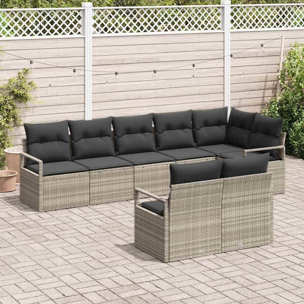 vidaXL 8-delige Tuinbank Set met Kussens Lichtgrijs Poly Rattan