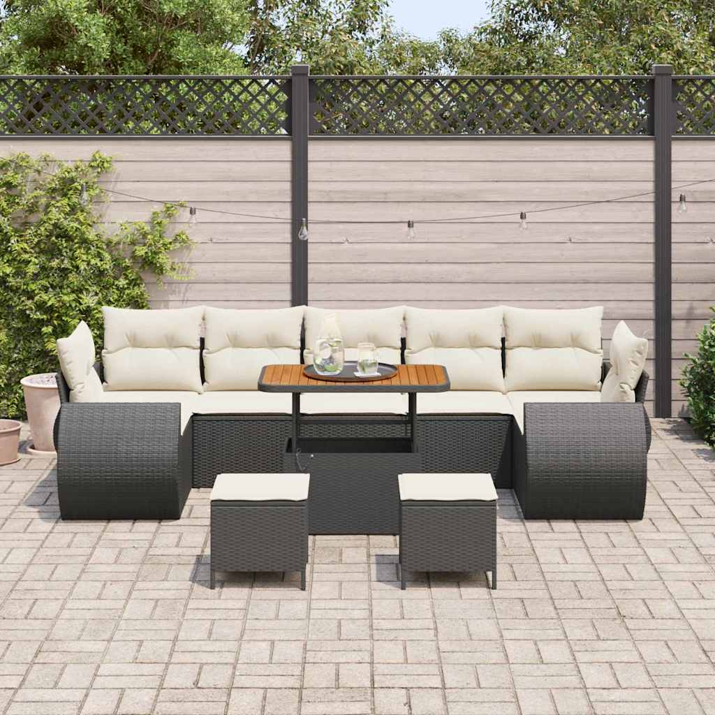 vidaXL 10-delige tuin loungeset met kussens van zwart poly rattan en acacia.