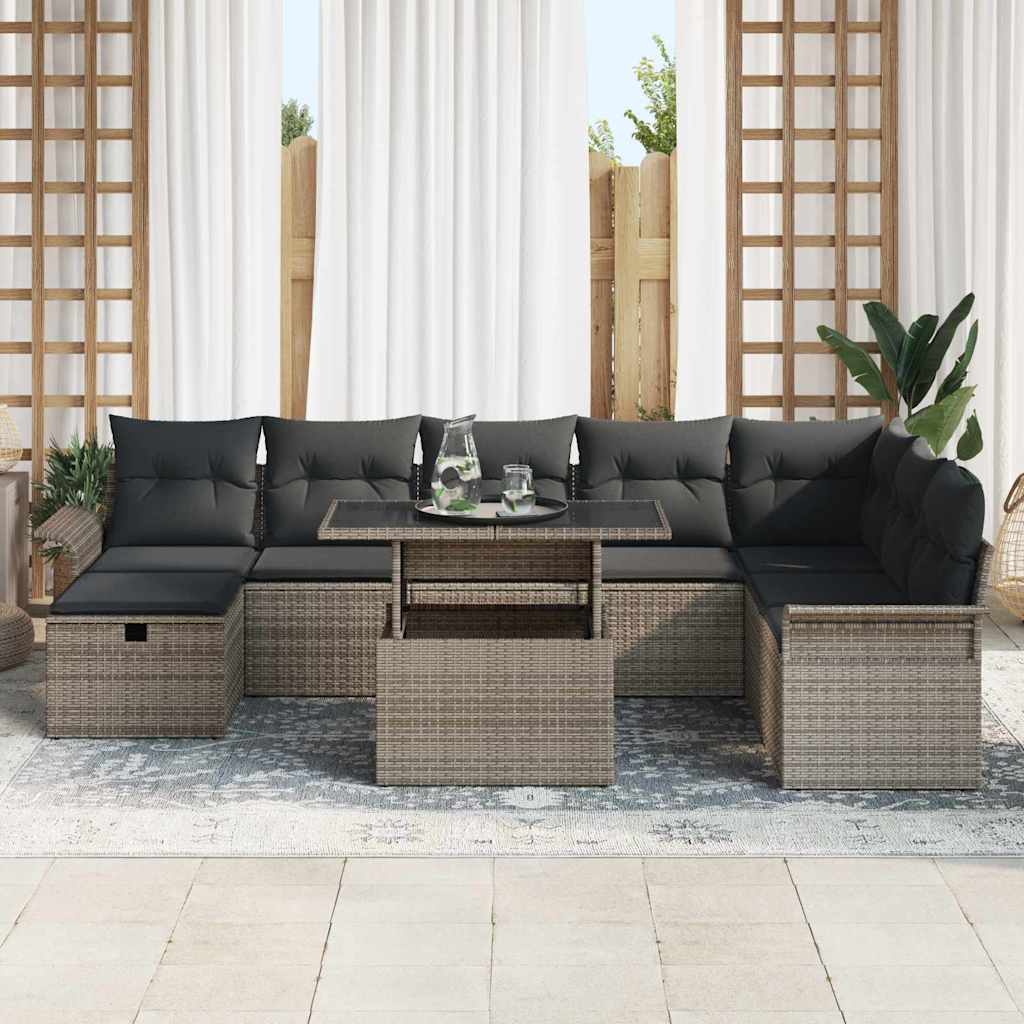 vidaXL 9-delige Tuinbankenset met kussens poly rattan grijs
