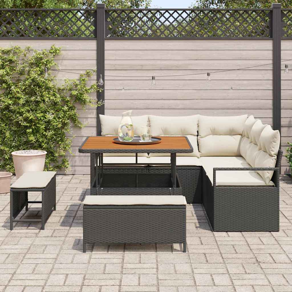 vidaXL 8-delige tuinset met kussens in zwart van poly rattan en acacia.