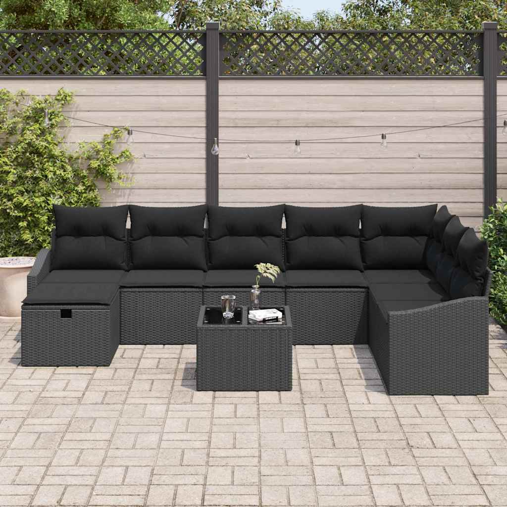 vidaXL 9-delige tuinsofa set met kussens, zwart poly rattan