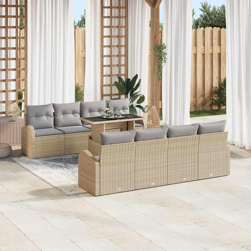 vidaXL 9-delige tuinsofa set met kussens in beige poly riet