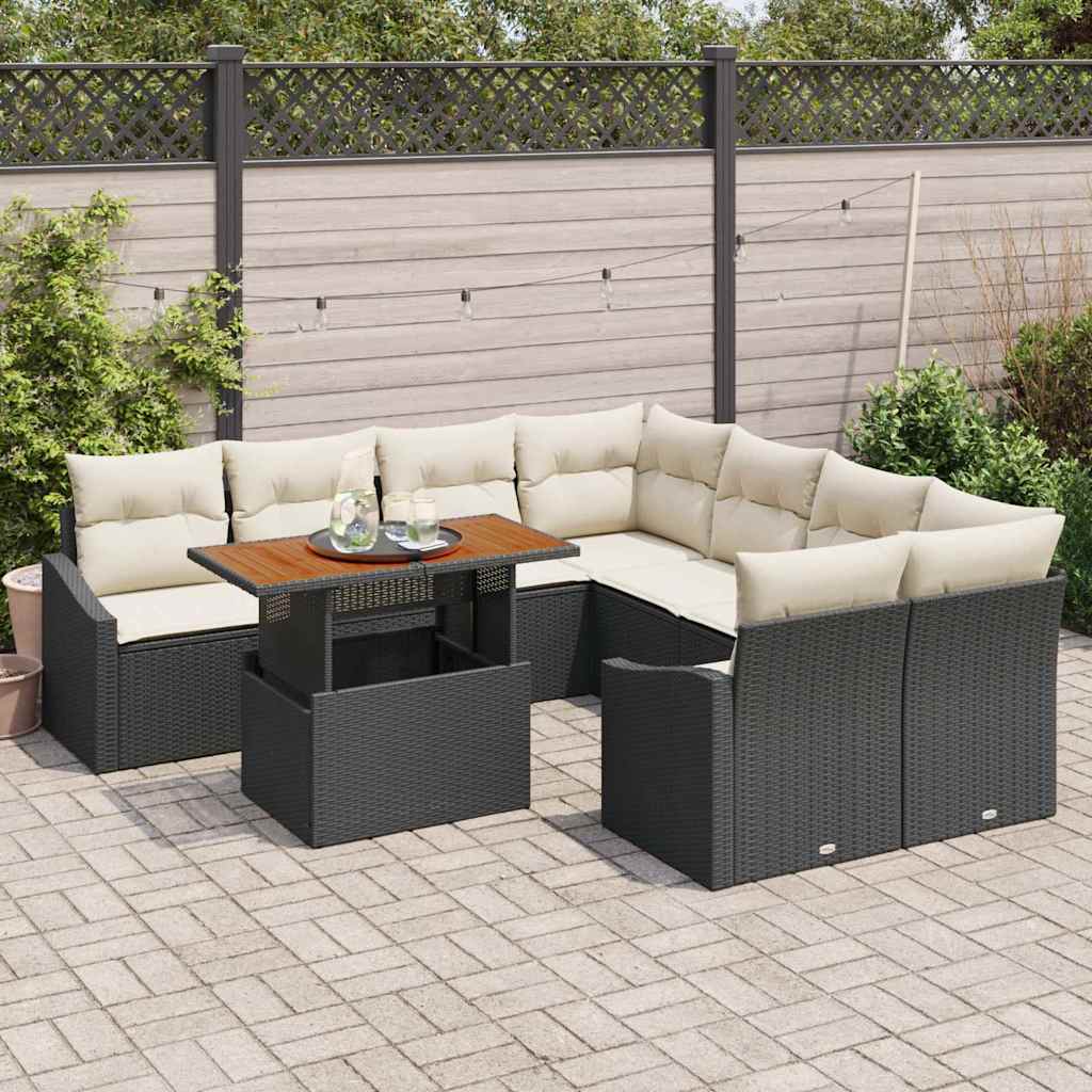 vidaXL 9-delige tuinsofa set met kussens in zwart poly rattan.