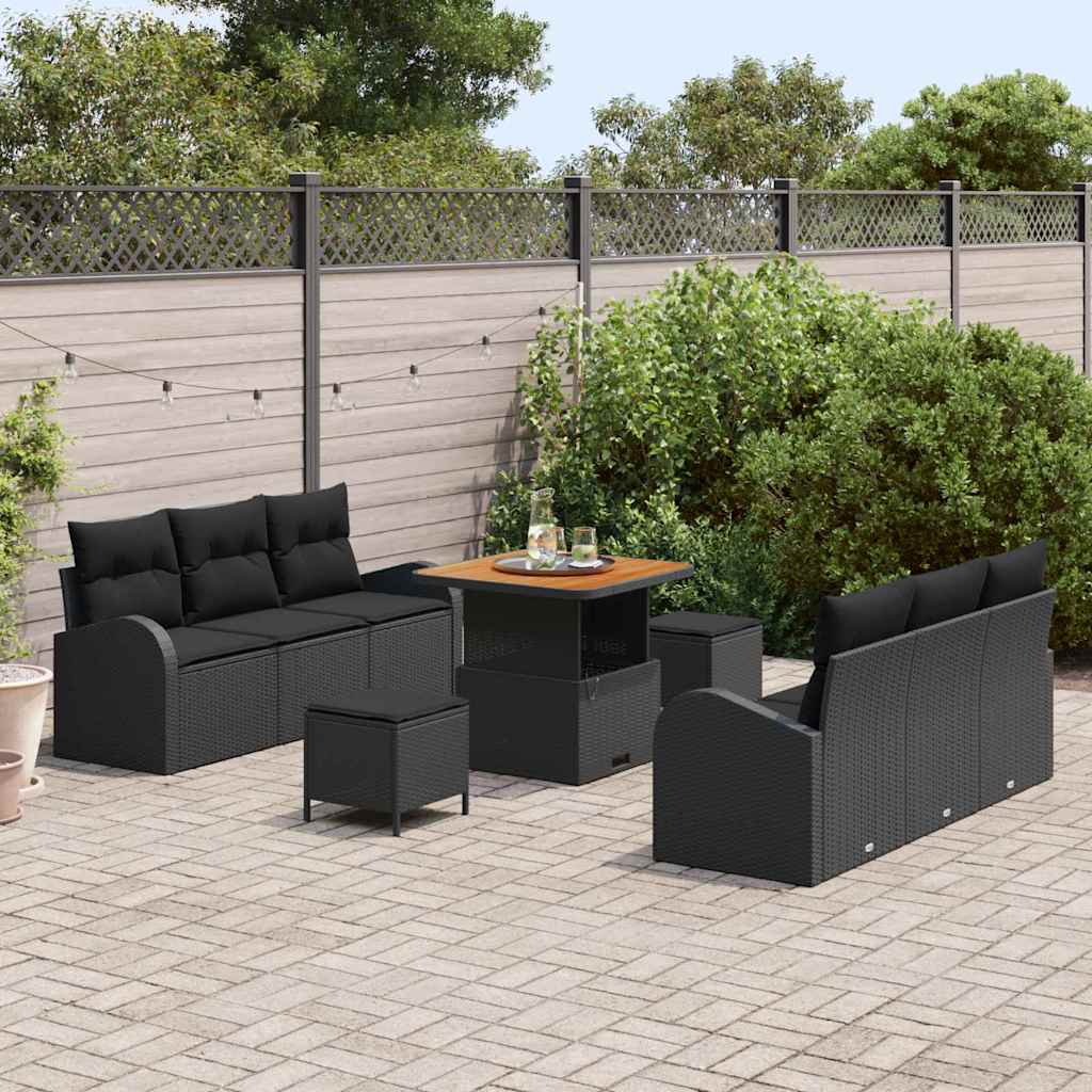 vidaXL 9-delige tuinsofa set met kussens, zwart poly rattan en acacia.