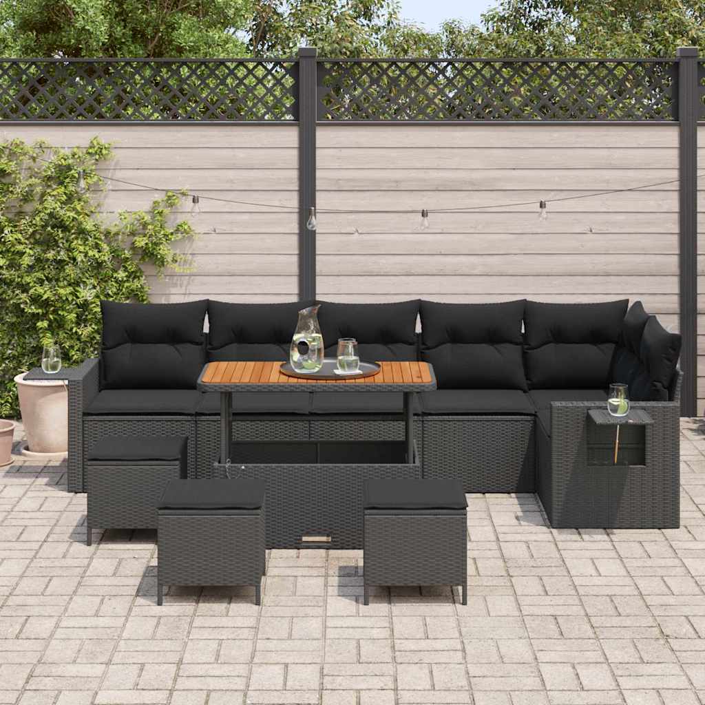 vidaXL 10-delige Tuin Sofa Set met Kussens Zwart Poly Rattan Acacia