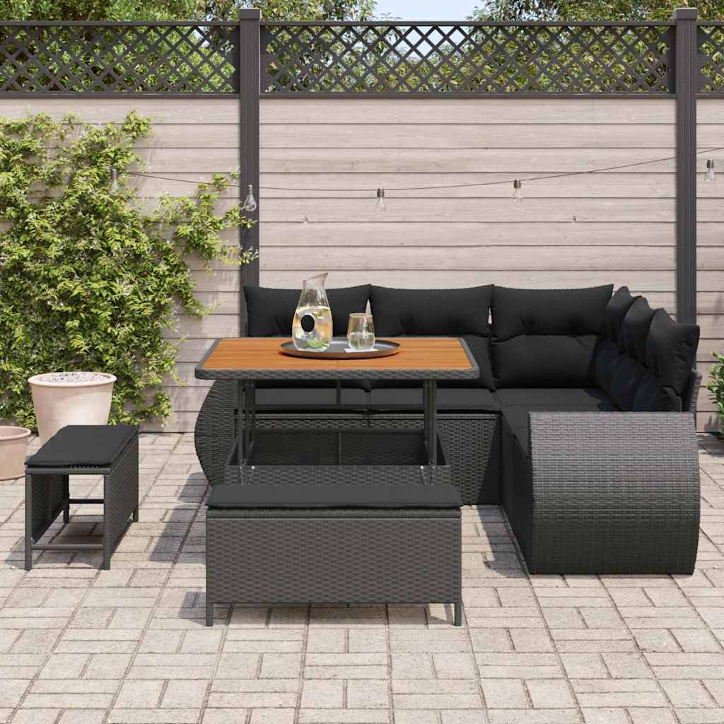 vidaXL 8-delige tuinset met kussens in zwart poly rattan en acacia