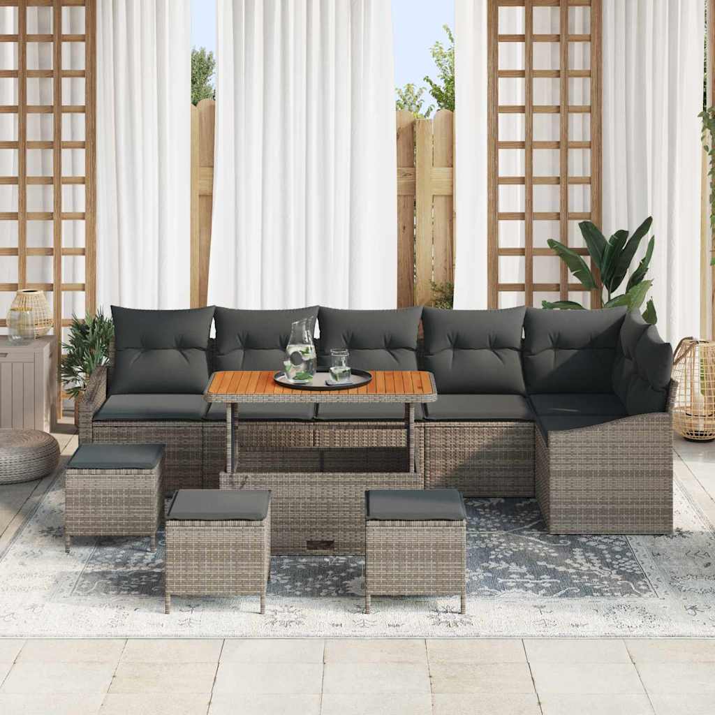 vidaXL 10-delige tuinbankenset met kussens van grijs poly rattan en acacia