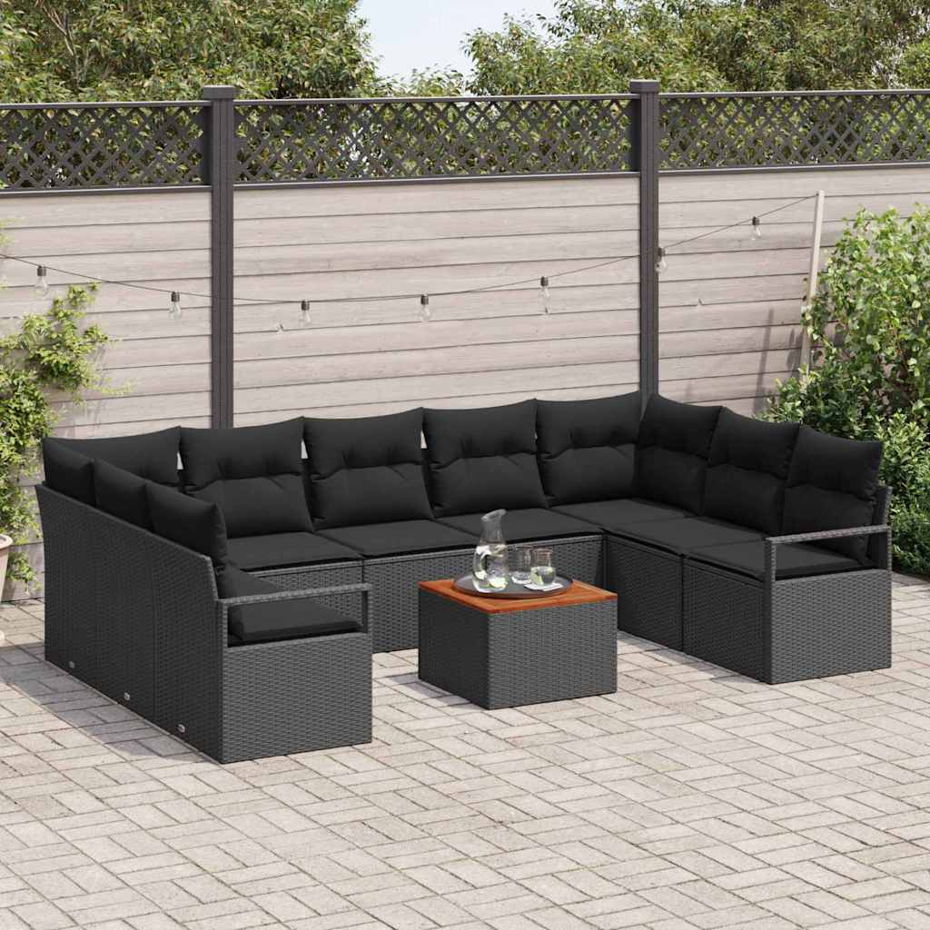 vidaXL 10-delige tuinbankset met kussens - Zwart Poly Riet en Acacia