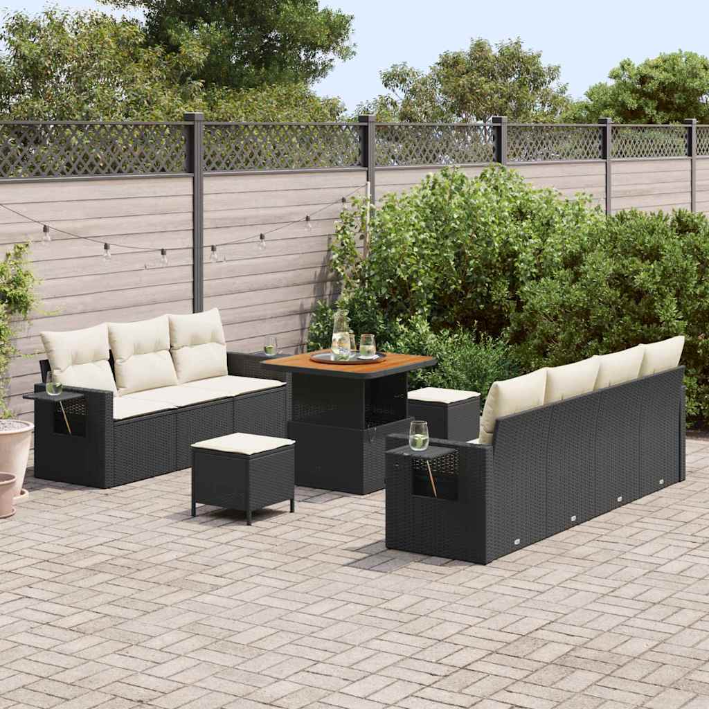 vidaXL 10-delige tuinset met kussens in zwart van poly riet en acaciahout