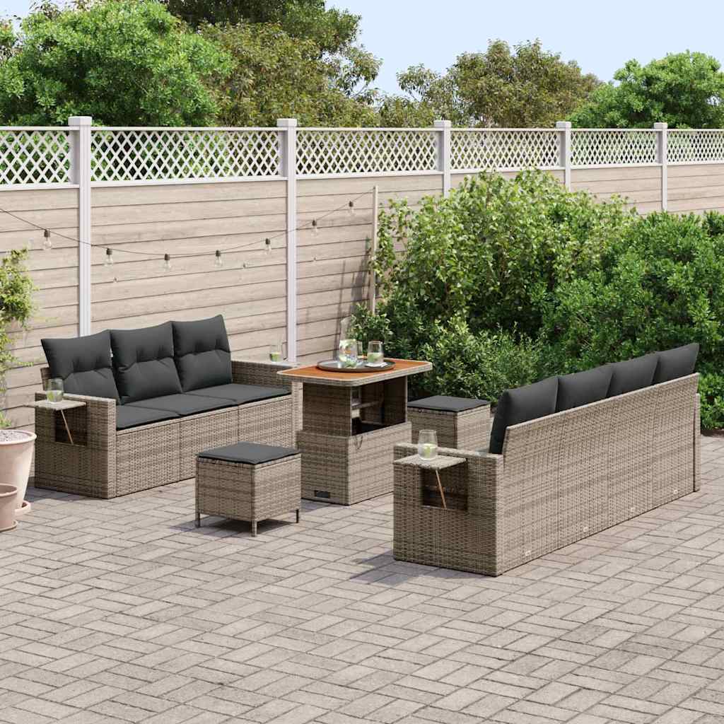 vidaXL 10-delige tuinset met kussens in grijs van poly rattan en acacia