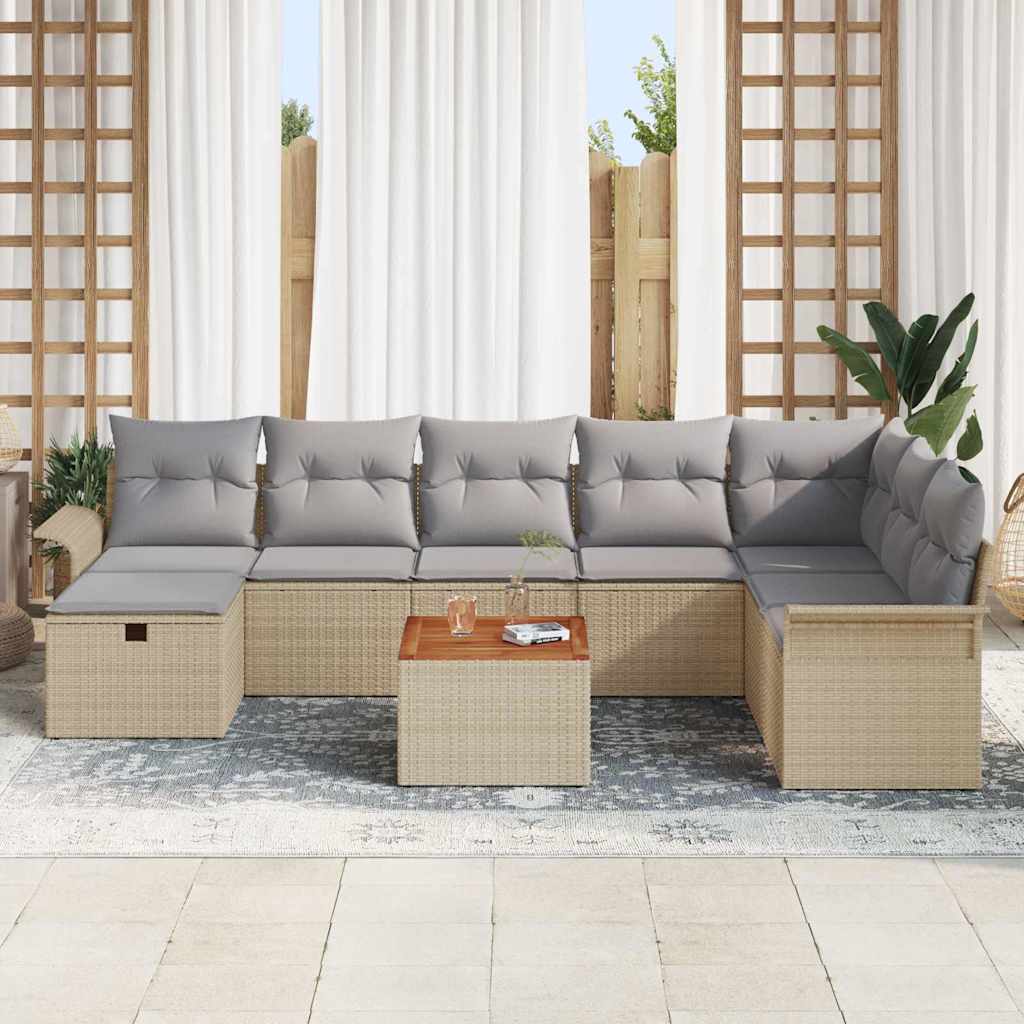 vidaXL 9-delige tuinbankset met kussens in beige poly rattan