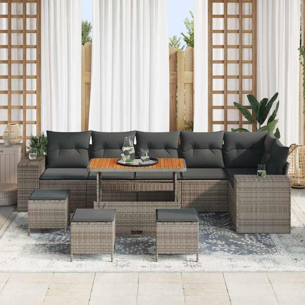 vidaXL 10-delige tuinsofaset met kussens in grijs poly riet en acacia